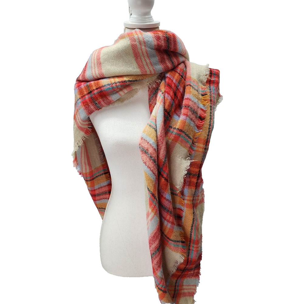 Red Plaid Neck Scarf | 58" Square Wrap Shawl | Fall Autumn Winter Layering Cover - Picture 3 of 6
